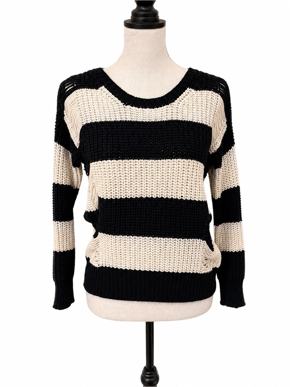 Sandro Paris Black Cream Open Knit Ladder Stripe Sweater Made in Italy 🇮🇹
